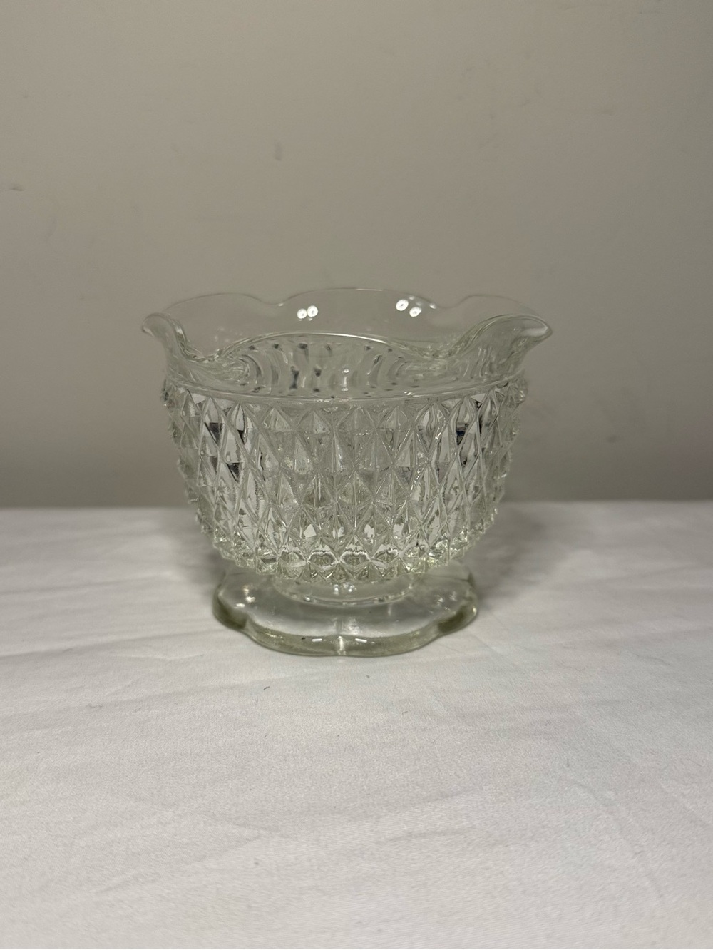 vintage Indiana Glass Diamond Point patternScalloped Crimped Rim Footed Base